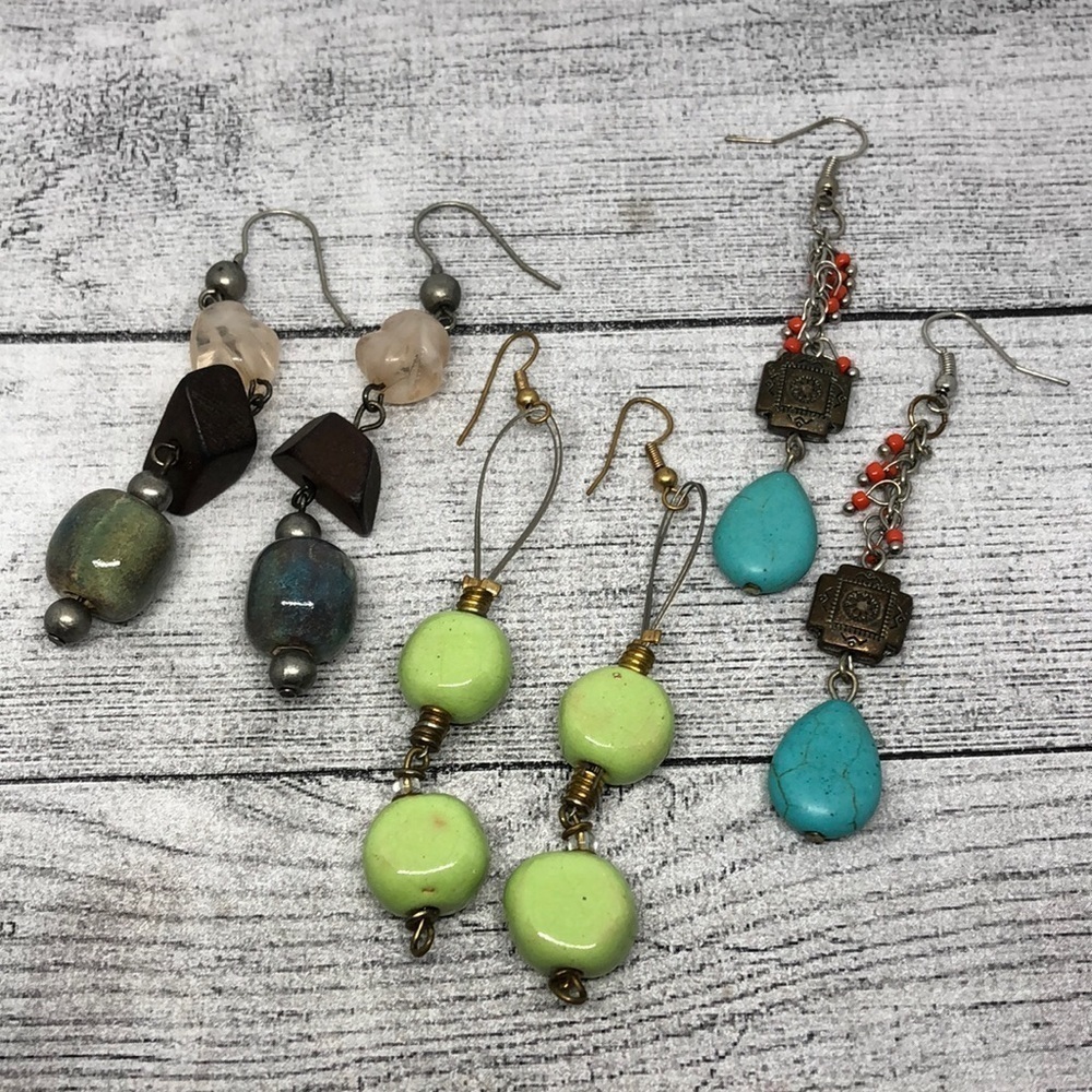 Bundle lot 3 boho style long dangle drop earrings, ceramic, stone, dressy casual
